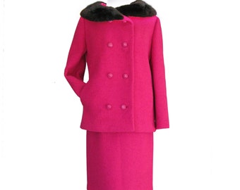 1960s Wool Suit in Raspberry Pink with Mink Collar, Simpson's Label, Double Breasted Jacket and Pencil Skirt, Vintage Suit, Small / 24 Waist