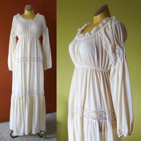 Vintage Hippie Boho Tiered Skirt  Nightgown - Ecru Nylon and Lace Ruffled Skirt and Sleeves / Size 38/40