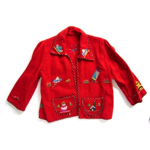 Child&#39;s Vintage Wool Mexican Motif Jacket, Hand Embroidery, Red Wool, Made in Mexico, Southwest Style, Rockabilly Kid, Western Wear, Cactus