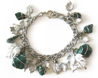 Vintage Charm Bracelet with Wire-wrapped Jade Stones and Brushed Silver Leaves, Lapidary Bracelet, Tumbled Stones, Vintage Jewelry