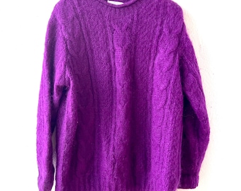 United Colors Of Benetton Italy 1990s Mohair Crewneck Cable Knit Sweater PURPLE