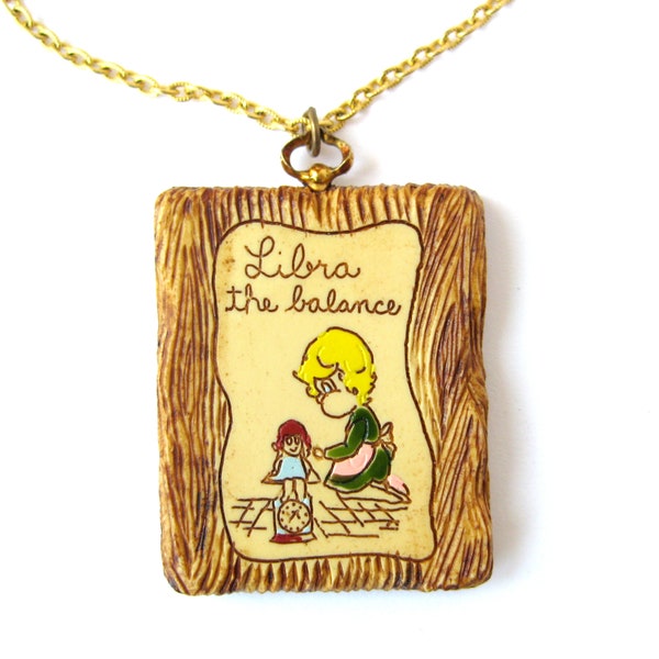 L. Razza Signed LIBRA Zodiac Pendant, Vintage Costume Jewelry, Resin Storybook Pendant, October Birthday, Luke Razza Jewelry