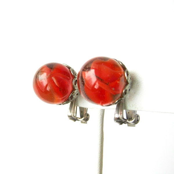 Vintage Glass Marble Earrings in Silver Filigree Setting, Orange Earrings, Clip on Earrings