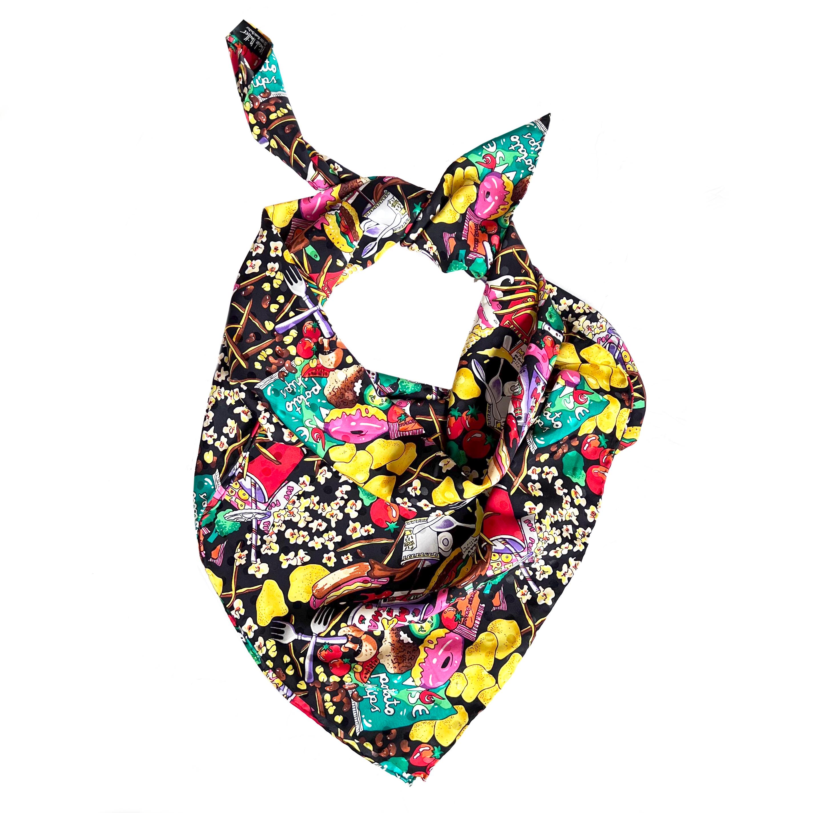 Vintage Nicole Miller Silk Scarf, Novelty Food Print, 90s Designer