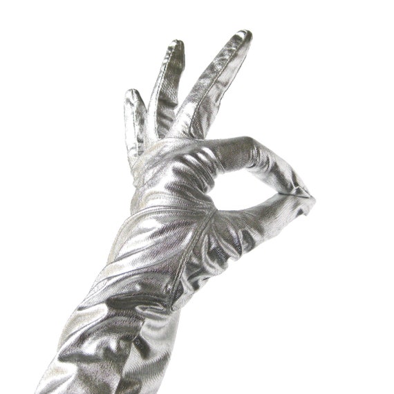 1960s Metallic Silver Lame Opera Gloves, Vintage Mod Style (13.5