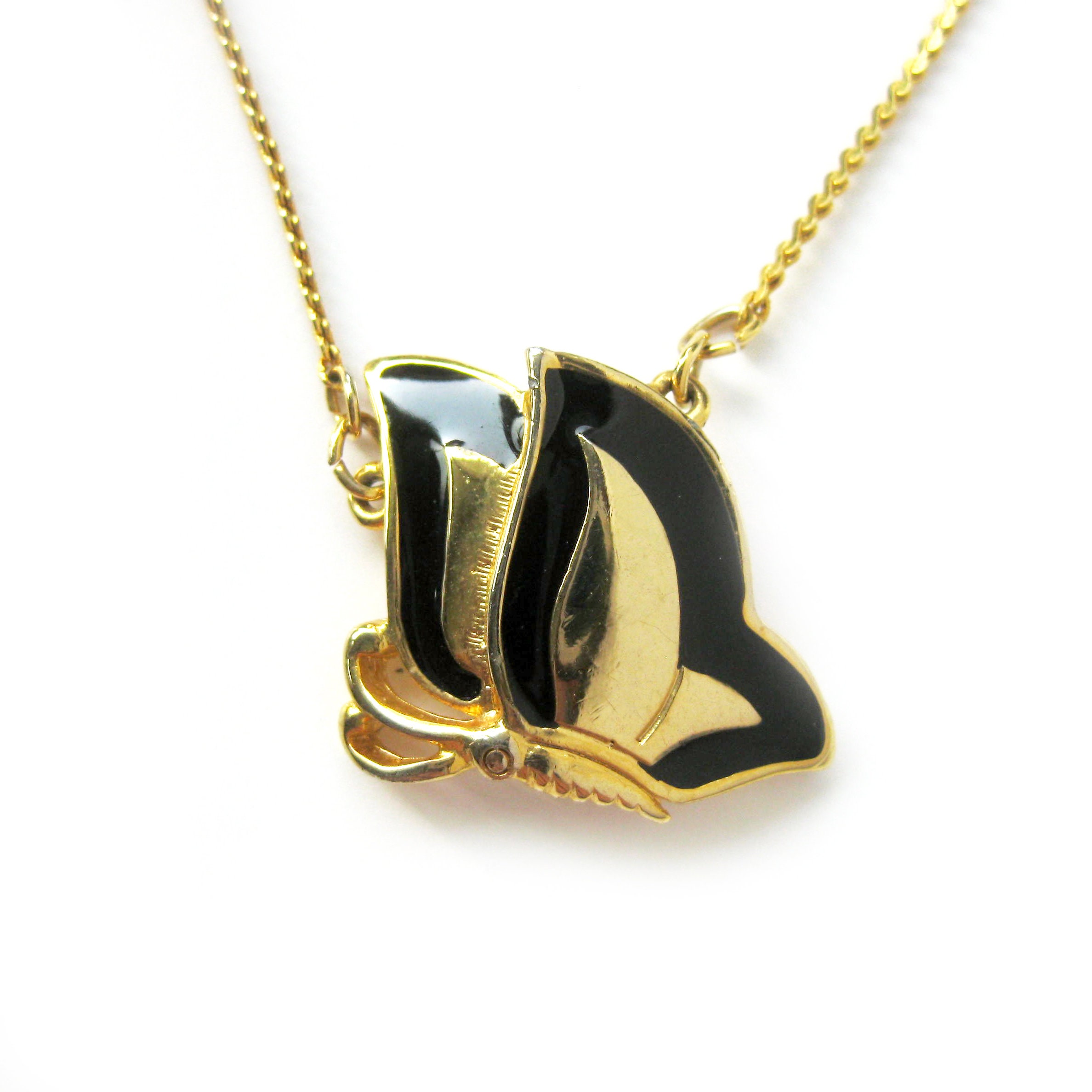 Enamel Butterfly Necklace on a Gold Tone Chain, Black and Gold Butterfly, Vintage Necklace, Choker, Butterfly Pendant, Gift for Her, Petite
