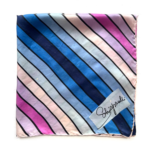 Vintage Elsa Schiaparelli Silk Scarf, Diagonal Stripe Design in Blues and Purples, Silk Scarf with Rolled Hem, Designer Scarf