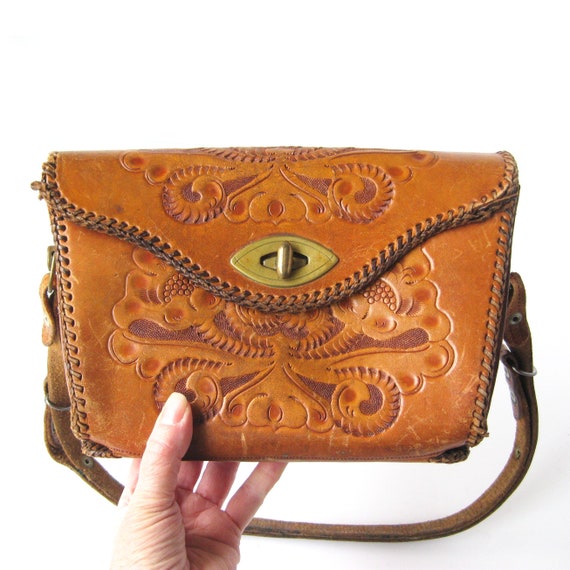 Vintage Tooled Leather Bag, Hand-tooled Western S… - image 3