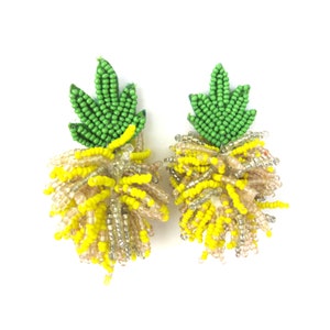 Vintage Seed Bead Pineapple Earrings, Tassel Earrings, Summer Jewelry, Tiki Style Earrings,  Yellow Silver and Green, Tropical Style