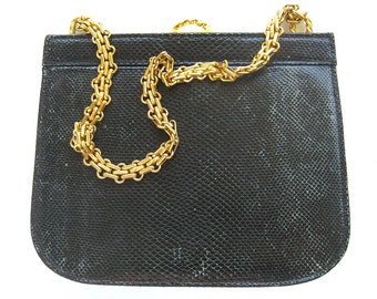 1960s Rare Sacha Handbag Black Genuine Karung Evening Bag with Gold Chain Handle and Clasp / Made in France