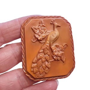 Vintage Celluloid Peackock Brooch, Tan Brown Cameo Brooch, Victorian Revival Brooch, Old Plastic Vintage Jewelry, Gift for Her