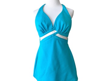 Vintage 1960s Robby Len Swimsuit, Aqua Blue Peplum Bathing Suit, Pin Up Style