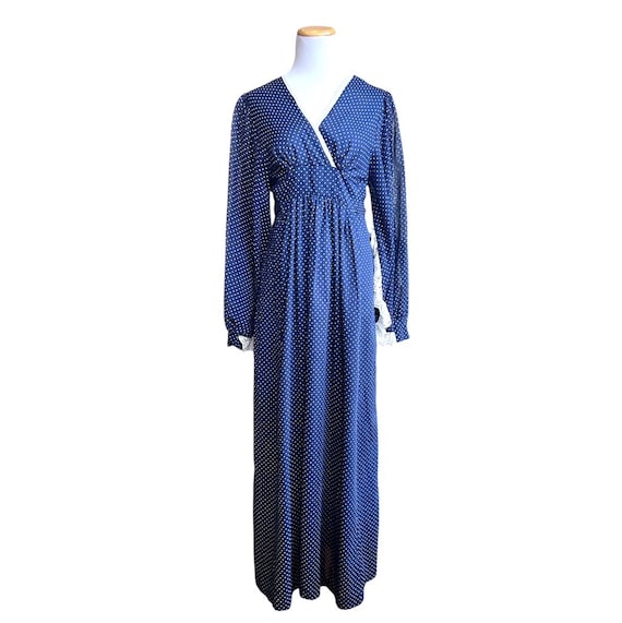 1970s Navy Blue Polka Dot Maxi Dress with White Lace … - Gem