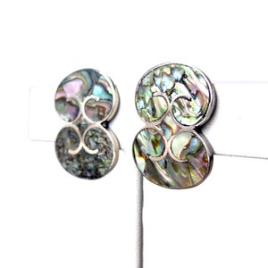 Vintage Taxco Mexico Sterling Silver and Mother of Pearl Jewelry, Abalone Inlay Earrings, Guitar Shaped, Boho Chic Style, Gift for Her