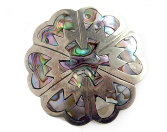 Taxco Abalone and Sterling Silver Brooch or Pendant, Sunburst Design, Mother of Pearl Medallion, Handcrafted Sterling Jewelry, Gift for Her