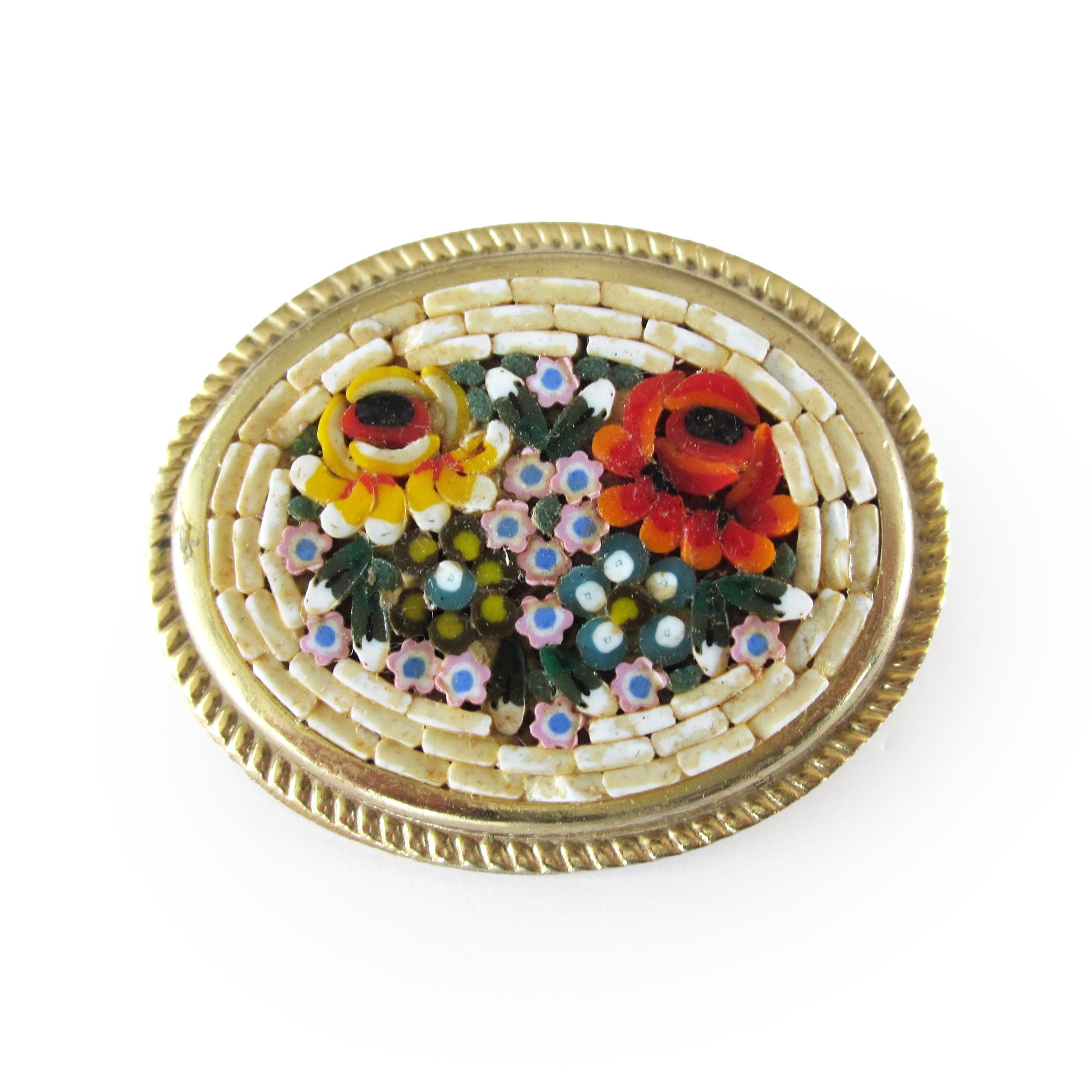 イタリア　アンティーク Vintage Italian Micro Mosaic Brooch: Floral Brass Jewelry With Red