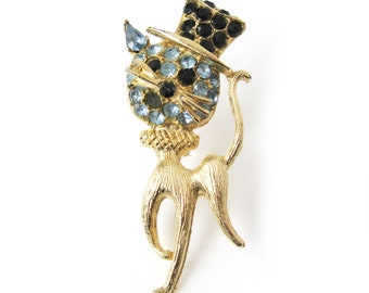 Vintage CAT Brooch, Gold Cat Pin with Top Hat, Black and Blue Rhinestones, Figural Pin, Crazy Cat Lady, Costume Jewelry, Cat Lover