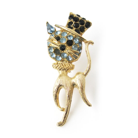 Vintage CAT Brooch, Gold Cat Pin with Top Hat, Bla