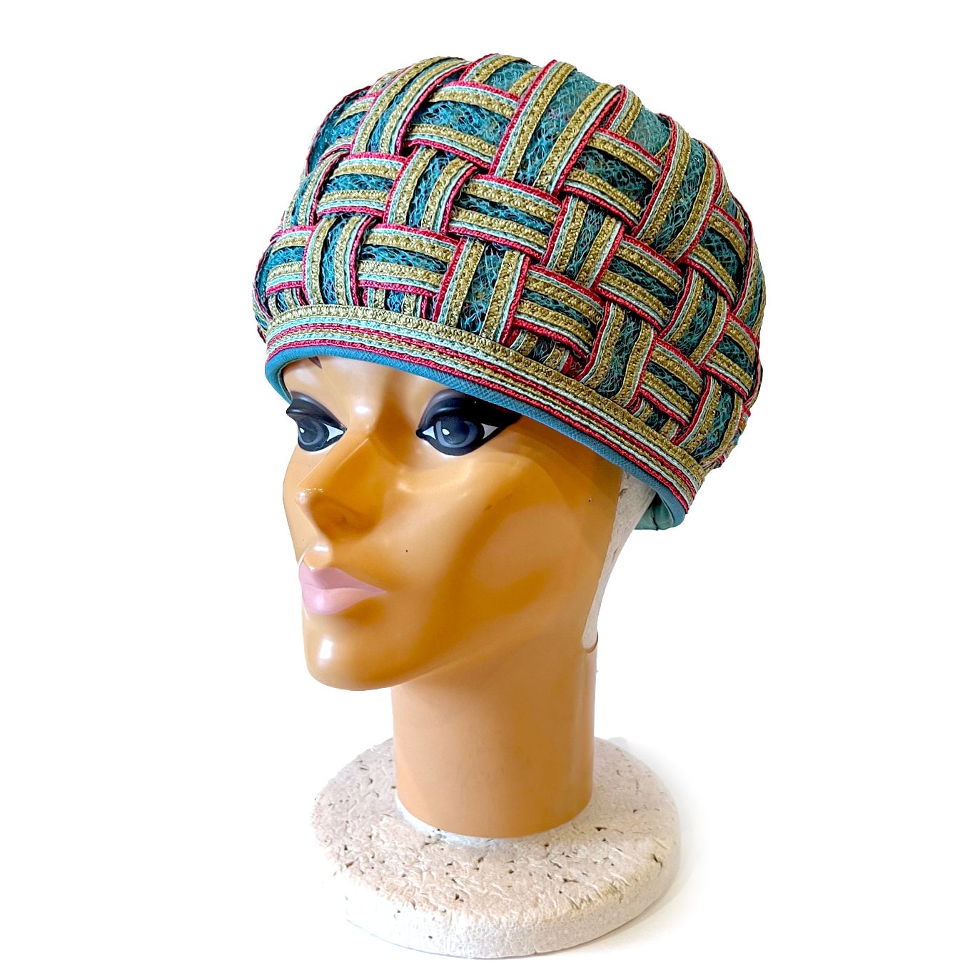1960s Christian DIOR Hat, Women's Fashion Hat in Blue and Magenta, Woven Raffia Straw Hat for Fashionista, Vintage Couture Hat / Size 22