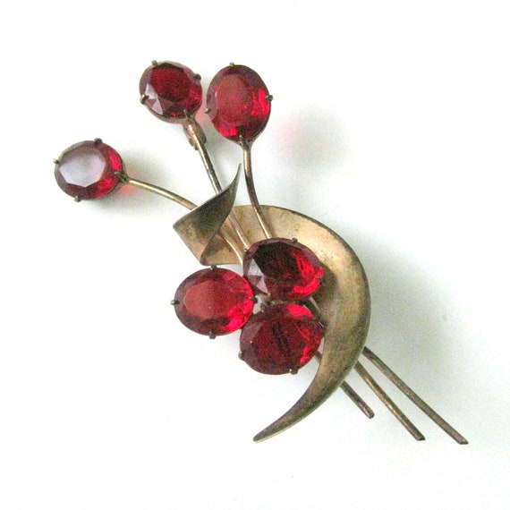 Vintage Sterling Silver Vermeil Brooch with Ruby … - image 4