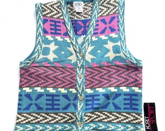 Vintage Koret-sweatervest: geometrisch acrylgebreid jaren 80, maat L