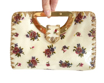 Vintage Hand Mates of Miami Clutch: Red Roses & Glitter, Gold Tone Handle