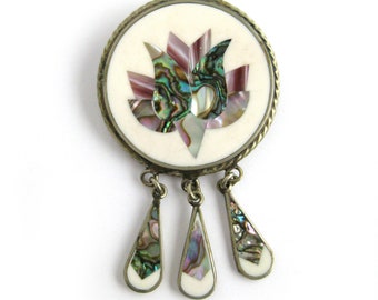 Vintage Boho Blumenbrosche, Mexiko Alpaka mit Abalone-Muschel, Perlmutt Inlay Mexiko Silber baumeln Pin, Geschenk für Sie, Boho Chic Style