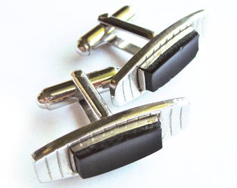 Silver and Black Onyx Gentlemens Cuff Links - Minimalist Geometric Modernist Design Groom Groomsmen