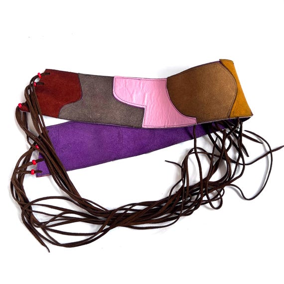 Vintage Patchwork Suede Leather Belt: Beaded Frin… - image 3