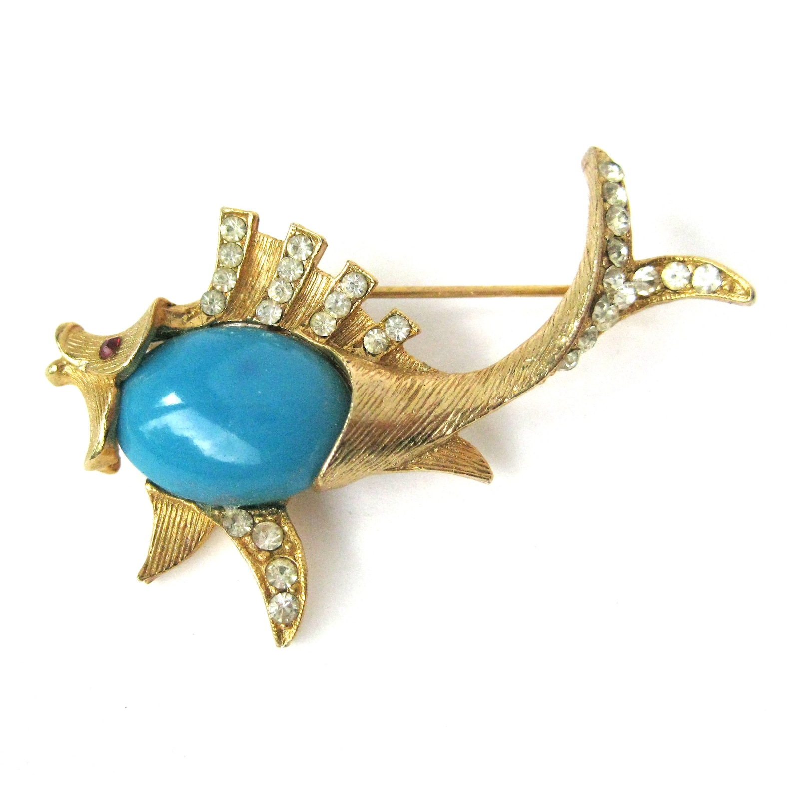 Vintage Jelly Belly and Rhinestone Fish Brooch Etched Gold Etsy