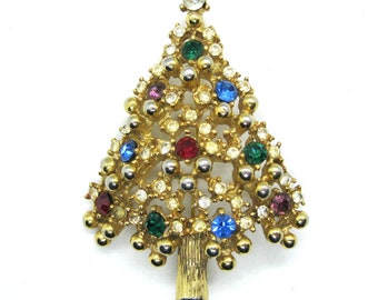 Sparkly Christmas Tree Brooch, Goldtone Metal with Sparkling Multi-Colored Crystal Stones, Signed Eisenberg, Stocking Stuffer, Gift for Her