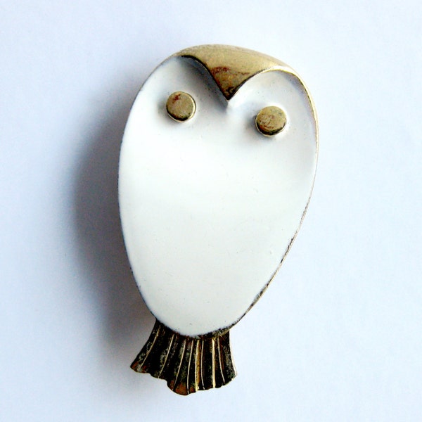 Broche émail de la Chouette - blanc et métal doré émail broche moderniste Vintage bijoux