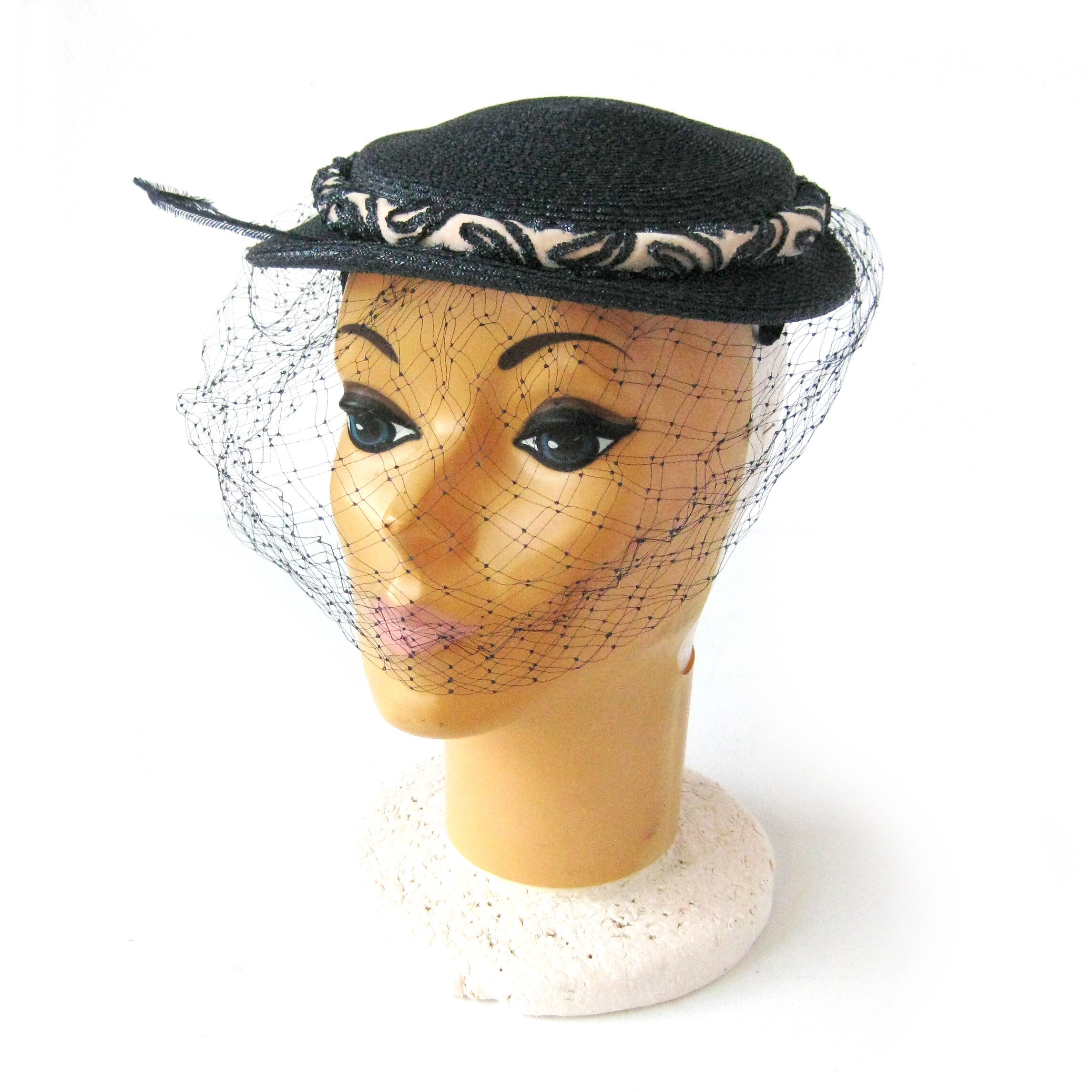 Vintage 1950s Navy Woven Straw Hat, netting, velvet ribbon Vintage Straw Hat With Navy Ribbon - Etsy main image 4
