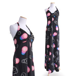 1970s Halter Back Maxi Dress, Double Knit Halter Dress with Sweetheart Neckline, Jersey Knit Dress With Tags, Mod Print Ankle Length Dress