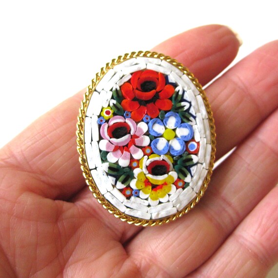 Beautiful Antique Italian Micro Mosaic Brooch, Re… - image 5