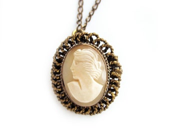 Vintage Real Shell Carved Cameo Pendant Brooch in Gold Tone Filigree Setting, Victorian, Right Facing Cameo, Romantic Gift for Her