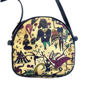 Vintage PIERO GUIDI Magic Circus Coated Canvas and Leather Shoulder Bag Purse, Crossbody Bag, Designer Novelty Handbag, Made in Italy