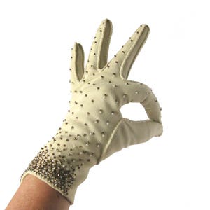 Bronze BEADED Evening Gloves - 9 Inch OperaGloves - Tan Double-Woven Cotton with Bronze Beads / Size 6.5