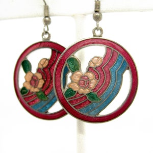 Vintage Floral Dangling Enamel Earrings, Enamel Cloisonne Flower Pierced Earrings, Red, Blue and Pink Earrings, Boho Chic Dangling Earrings