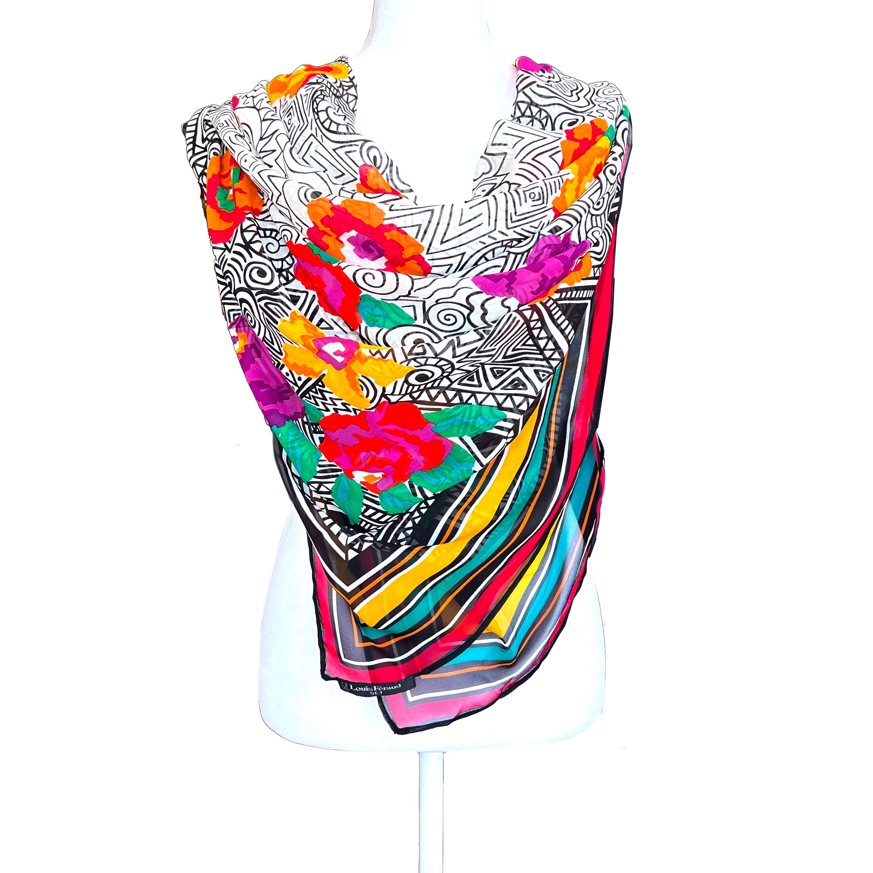 Foulard En Soie Louis Feraud - Motifs Multicolores - Style Bandana/Carré - Occasion - Fabriqué En Italie