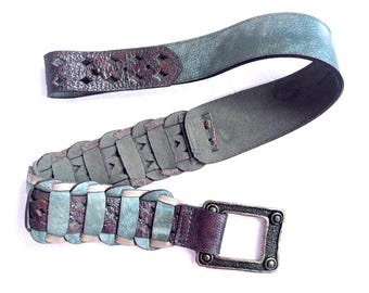 Blue Genuine Split Cowhide Genuine Leather Woven Weaved Gold  display picture 1