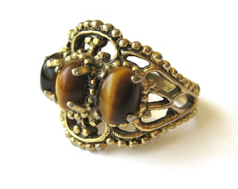 Vintage Tiger Eye Cocktail Ring 18k HGF, Three Stone Gold Cocktail Ring, Costume Jewelry, Women's Vintage Jewelry / Size 7.75 Ring