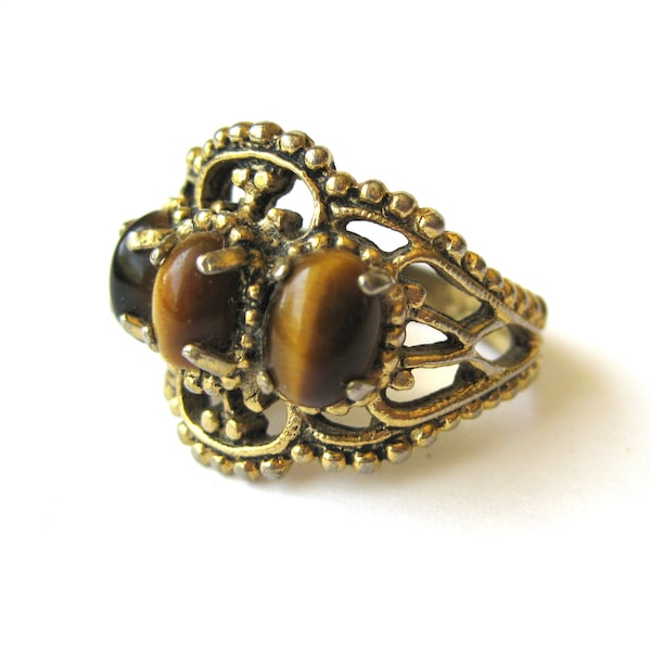 Vintage Tiger Eye Cocktail Ring 18k HGF, Three Stone Gold Cocktail Ring, Costume Jewelry, Women's Vintage Jewelry / Size 7.75 Ring