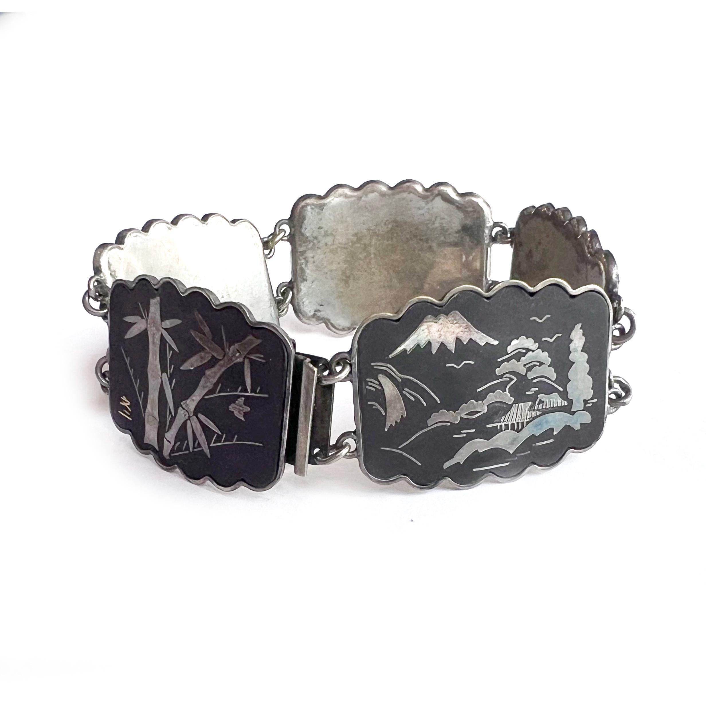 ヴィンテージダマスカスリンクブレスレット：24Kゴールドインレイの