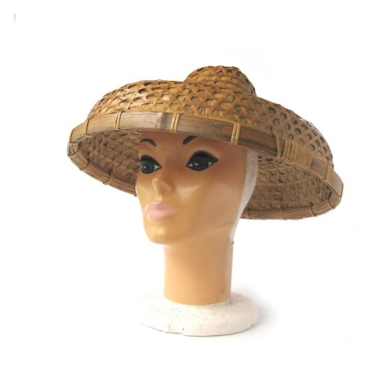 Chinese Rattan Rickshaw Hat, Vintage 1960's, Conical … Gem
