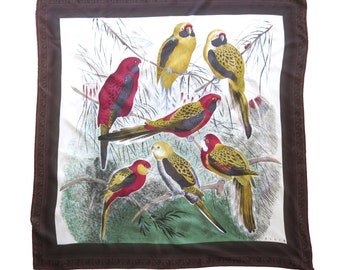 Perry Ellis Bird Scarf, Silk Scarf with Decorative Border, Illustrated Birds, Nature Print, Classic Style, Scarf Top, Designer Scarf