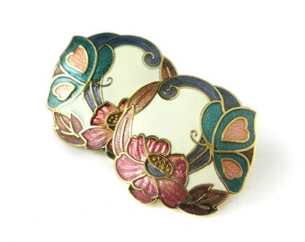 Vintage Enamel Cloisonné Earrings with Butterfly and Floral Design, Round Post Pierced Earrings, Blues Pink Ivory, Boho Chic Jewelry