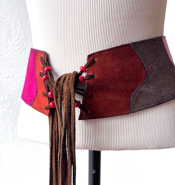 Vintage Patchwork Suede Leather Belt: Beaded Frin… - image 5