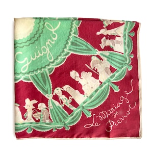 Vintage Scarf, Tourist Scarf from France, Le Marriage of Pierro, Rayon Scarf with Typography and Illustrated Horse and Carriage