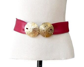 vintage boucle Mimi Di N, boucle de ceinture dollar en argent, boucle dorée avec ceinture rouge, ceinture de créateur datée de 1975, cadeau pour amoureux de la plage, ceinture d'été